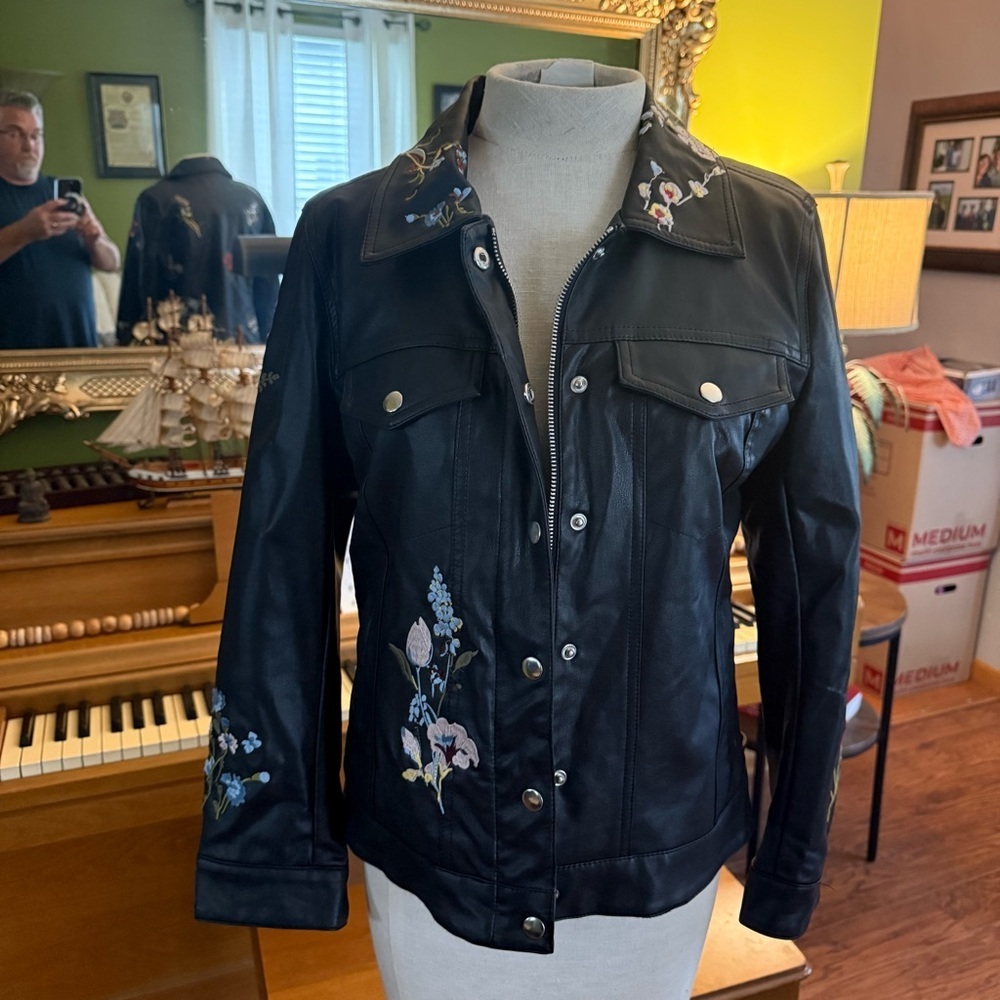 Christopher & Banks Black Faux Leather Floral Embroidered Jacket